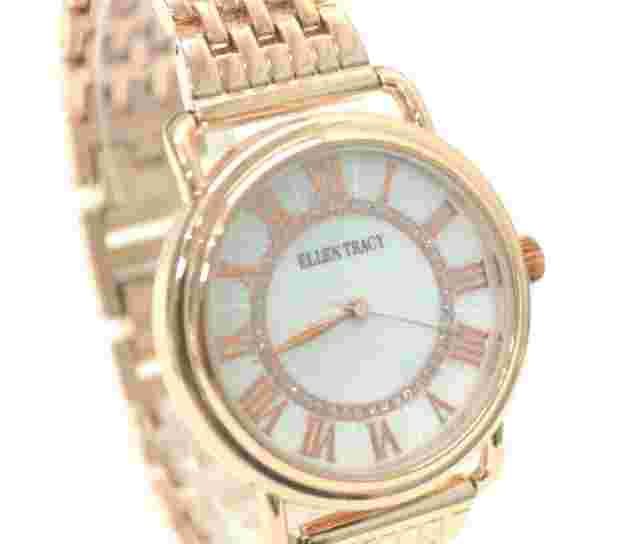Ellen Tracy Watch Rose Gold Tone Crystal Accent Jewelry Clasp Mother Pearl Dial