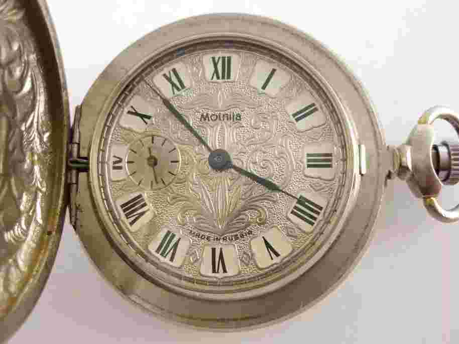 Exceptional Russian MOLNIA Full Hunter Pocket Watch Silver Embossed Dial 1970's