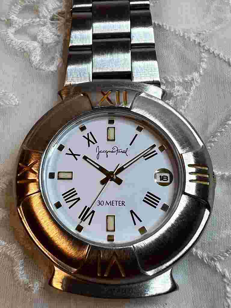 Vintage Jacques Farel Quartz Watch Mens Silver Case White Dial Stainless Band Y