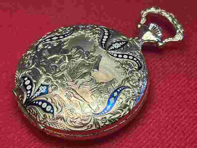 Arnex Swiss Enamel on Gilt Metal Engraved Wind-Up Pocket Watch