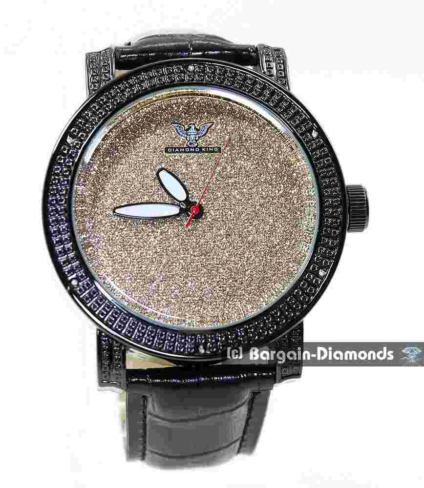 Mens Natural Diamond Black Clubbing Watch Dk Gold Bling Dial 9" Black Strap