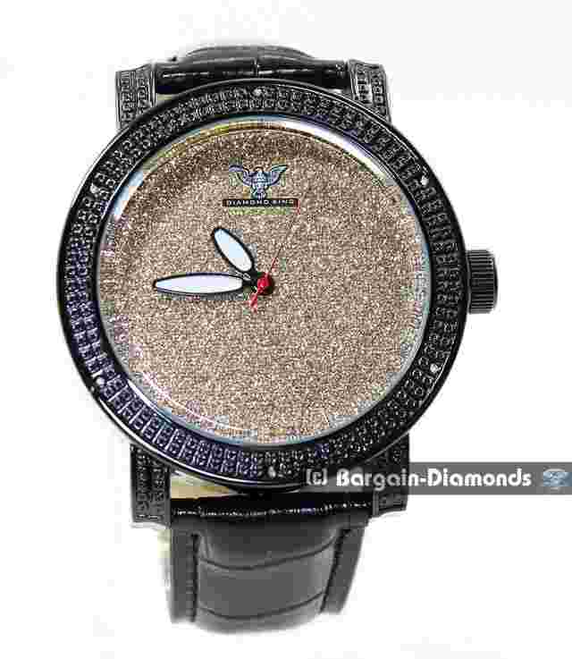 Mens Natural Diamond Black Clubbing Watch Dk Gold Bling Dial 9" Black Strap