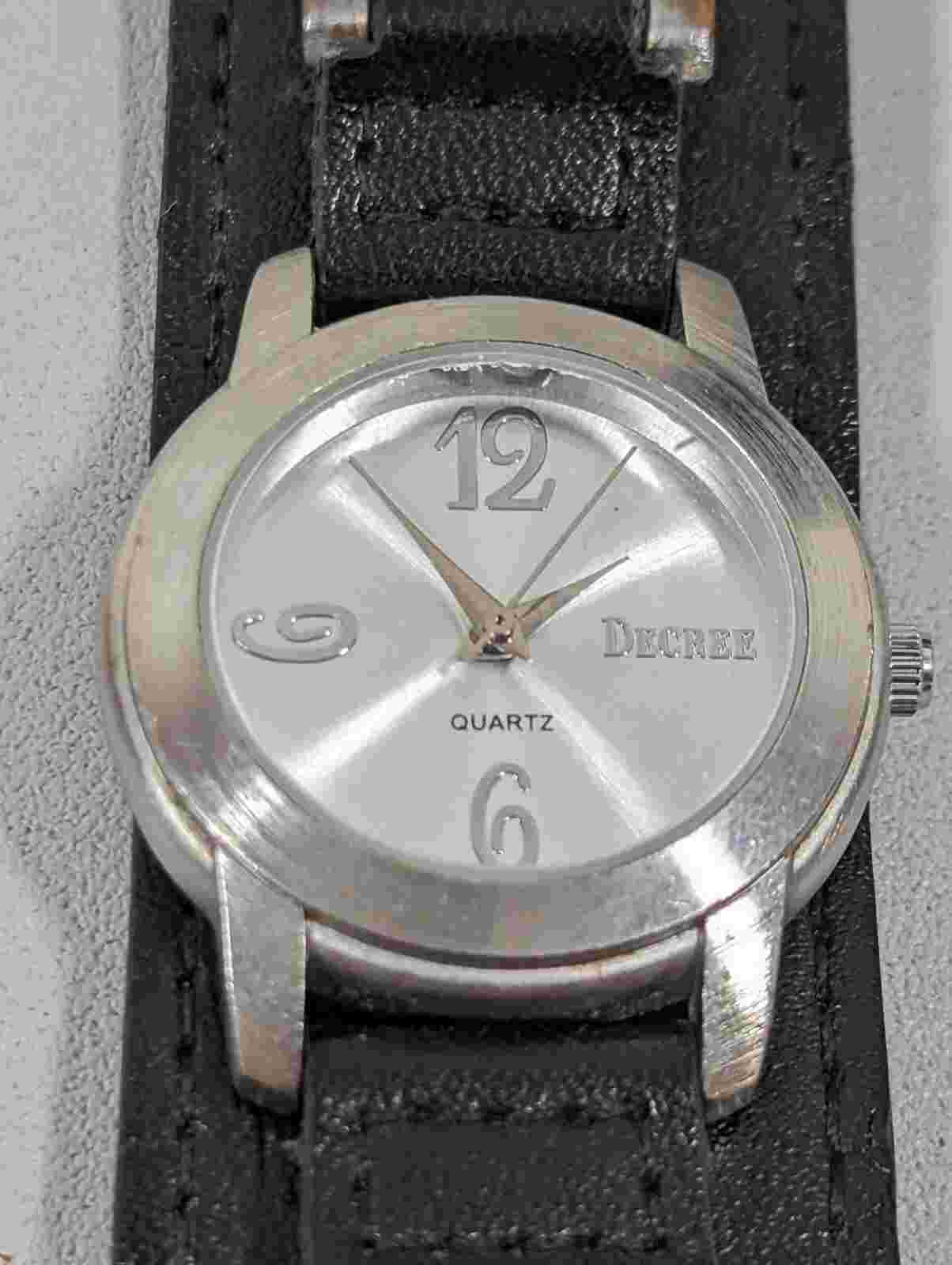 Decree Silver Tone Round Case Black Faux Leather Band Watch