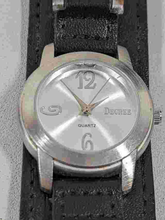 Decree Silver Tone Round Case Black Faux Leather Band Watch