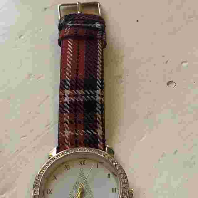 Charter Club Ladies Gemmed Christmas Quartz Watch 35mm Round Gold Tone Red Plaid