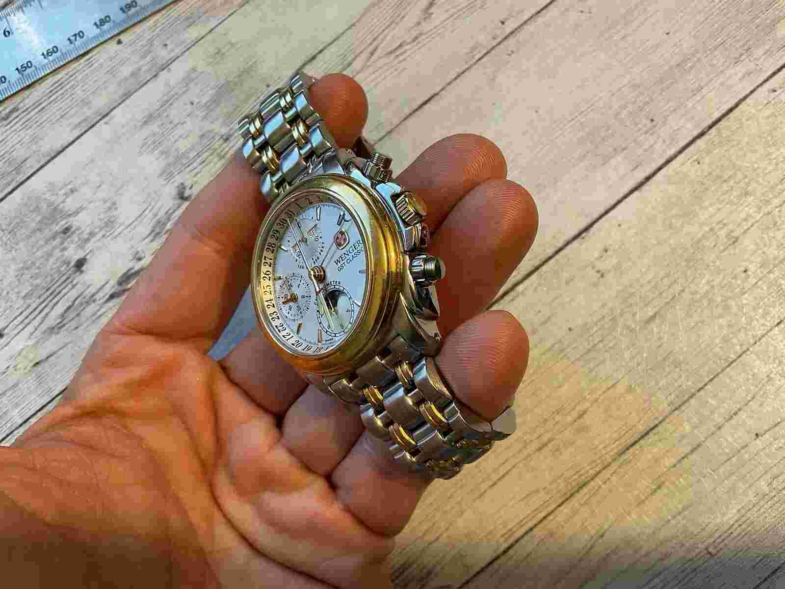 RARE 1997 WENGER GST CLASSIC MOONPHASE CHRONO WATCH 25J 1 OF 200 18k GOLD STEEL