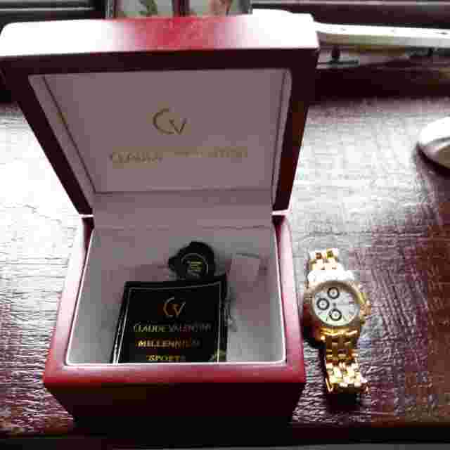 (K10)-CLAUDE VALENTINI-18 CT GOLD PLATED-CHRONOGRAPH-SPORTS WRISTWATCH-BOXED