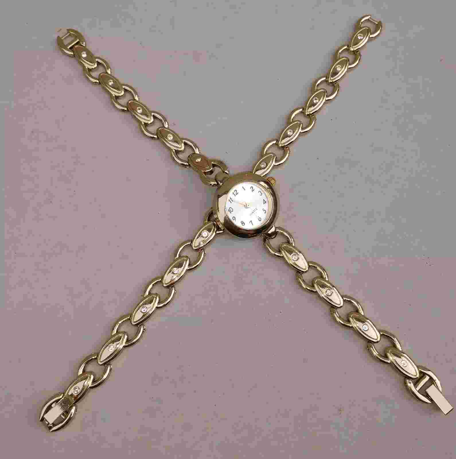 HABAND WOMENS GOLDTONE Chain LInk Crystal Accented Watch & Bracelet 2 PC SET