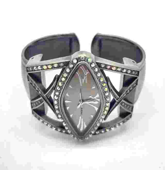 Narmi Silver Tone Bejeweled Diamond Shape Face Cuff Watch Bling Fashion Costume