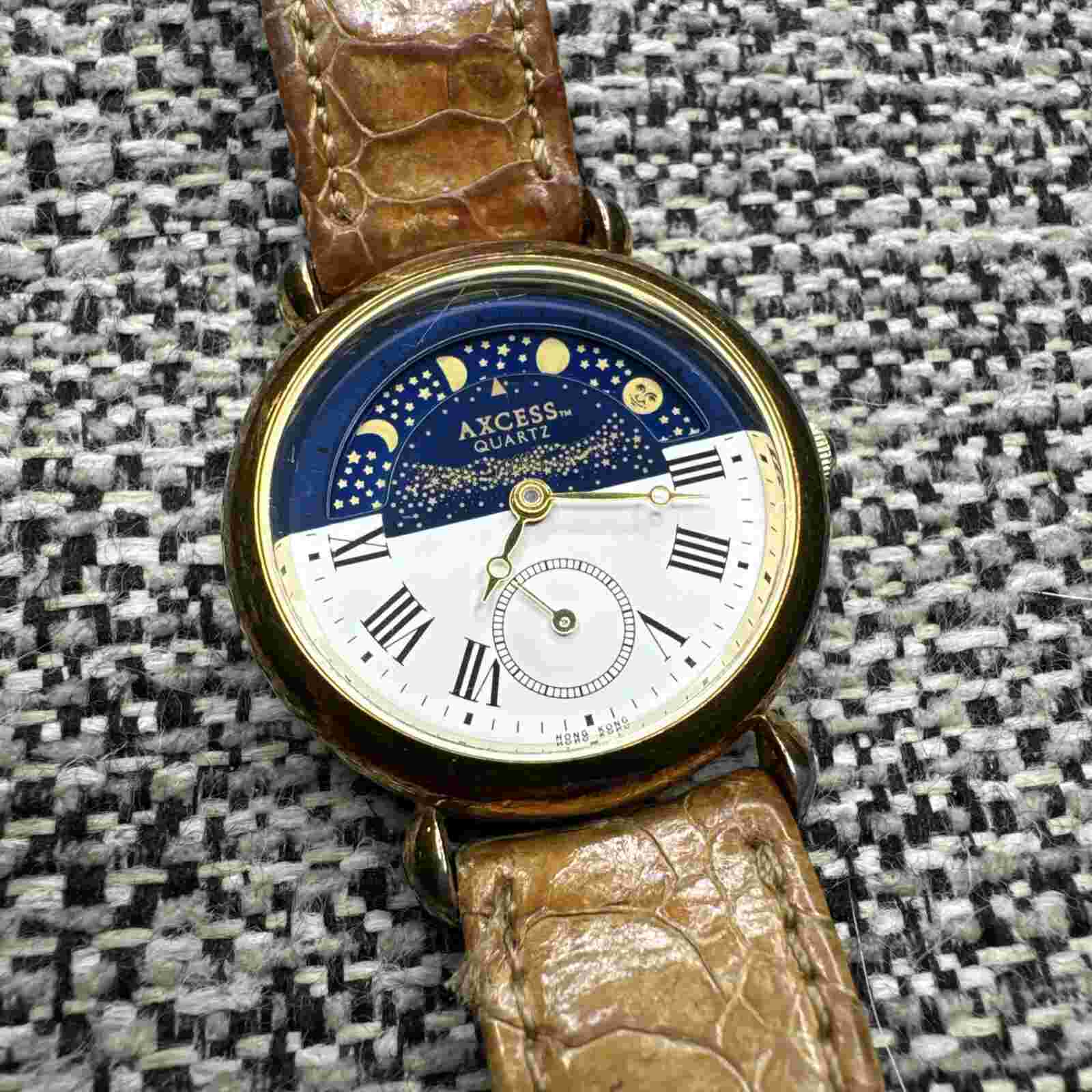 Womens Rare Vintage Axcess Blue Gold Moon Phase Brown Leather Watch New Battery