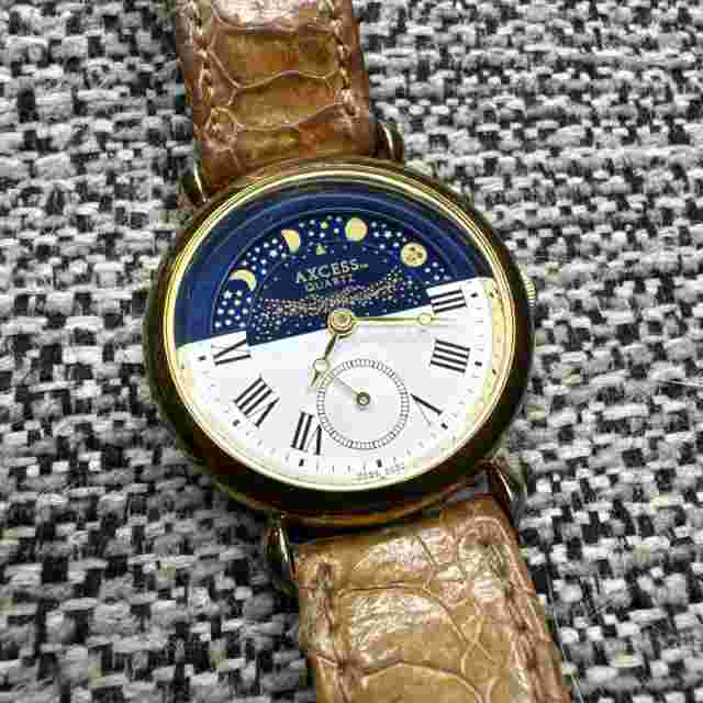 Womens Rare Vintage Axcess Blue Gold Moon Phase Brown Leather Watch New Battery