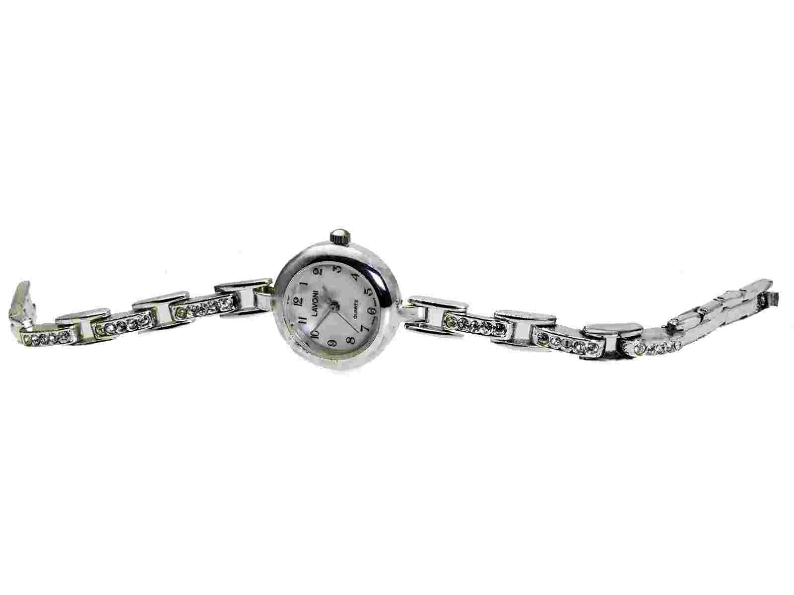 LAVONI:WOMENS' SILVER FINISH  WITH STONES METAL BAND ROUND CASE ANALOG WATCH