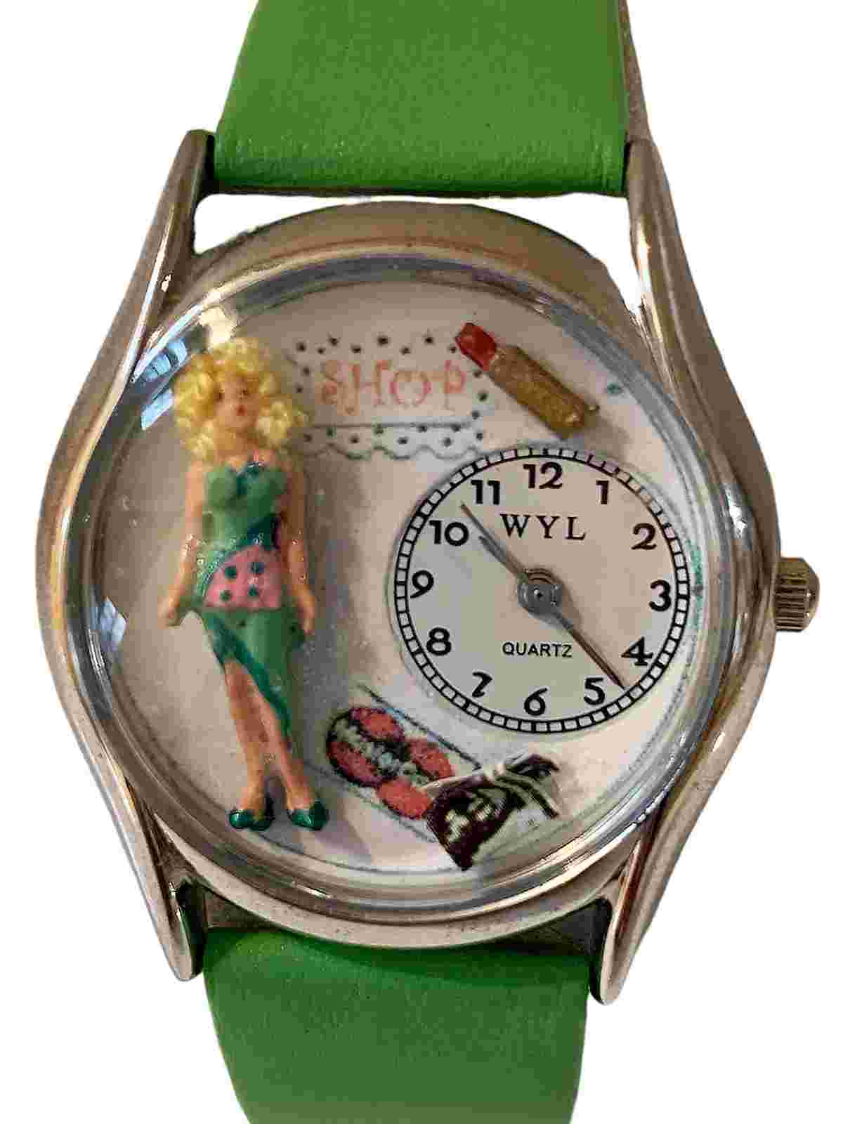 Vintage Whimsical "Shop 'Til You Drop"-Themed Silver Finish Watch w/New Battery