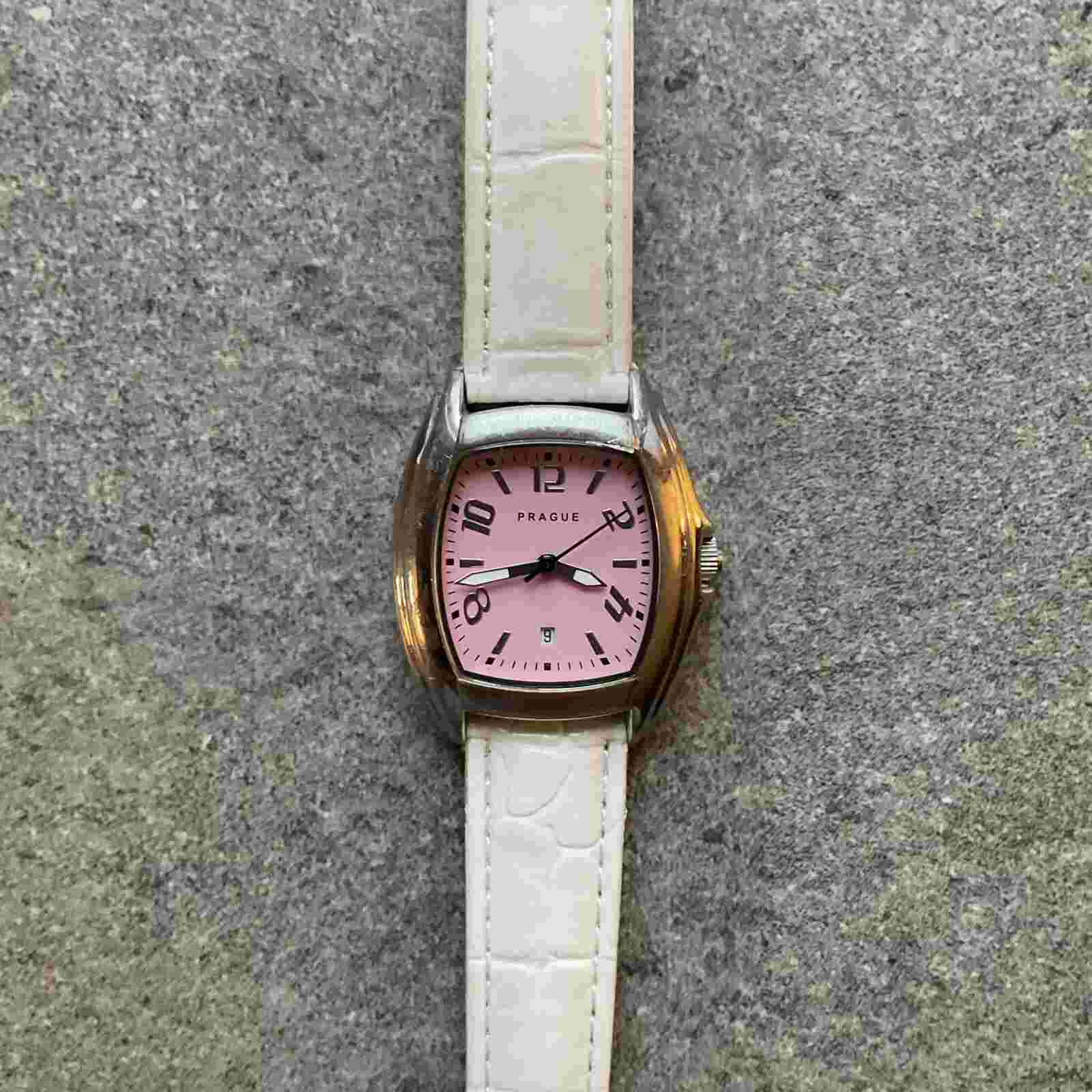 Prague Watch Women Silver Tone Pink Dial Date 50M Leather Band New Battery B-T