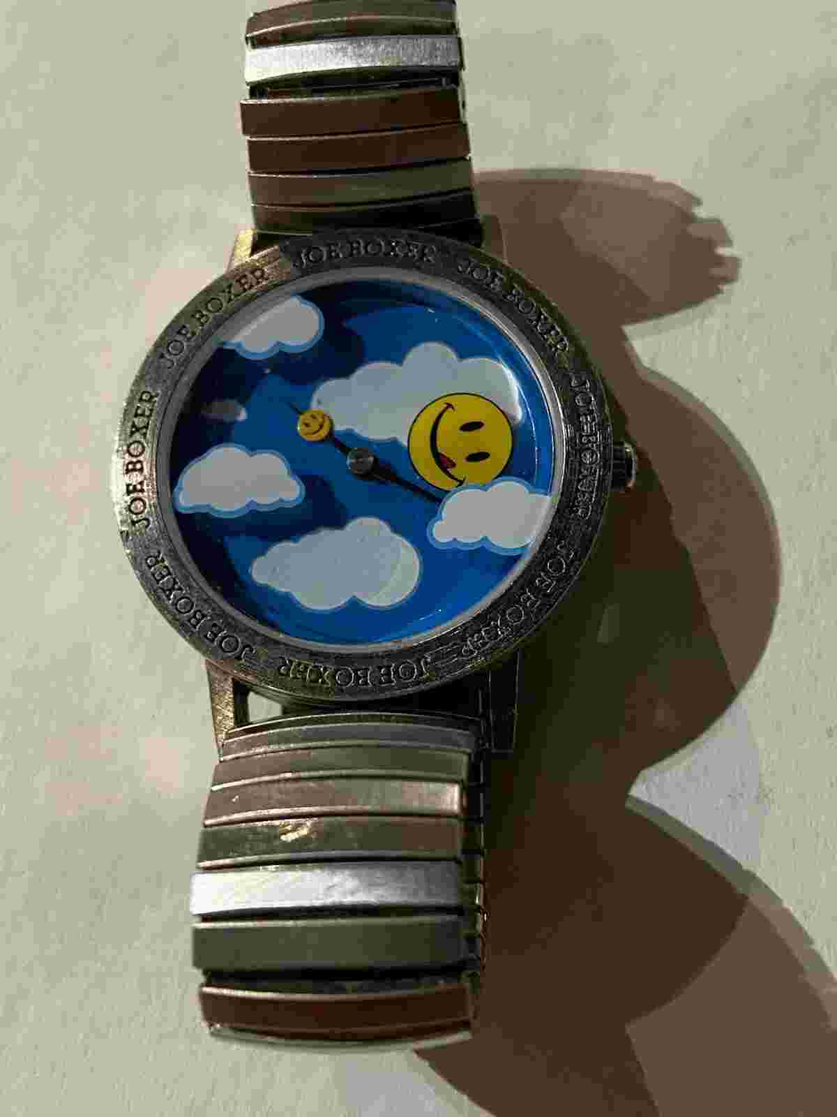 Vtg JOE BOXER Smiley Face Clouds Unisex Watch 1996 Metal Band Missing Back Plate
