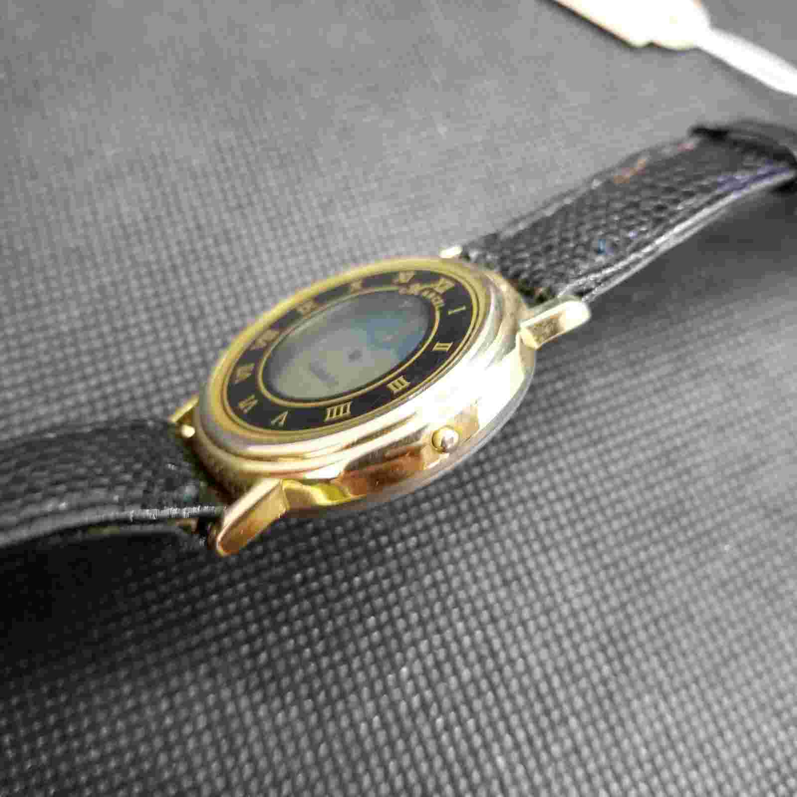 Marcel Women's Gold Tone Moon Face Black Leather Band Analog Quartz Watch 33mm