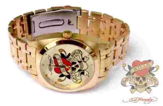 Ed Hardy Famous Rare Love Kills Slowly Skull Tattoo Gold Tone Stainless Watch
