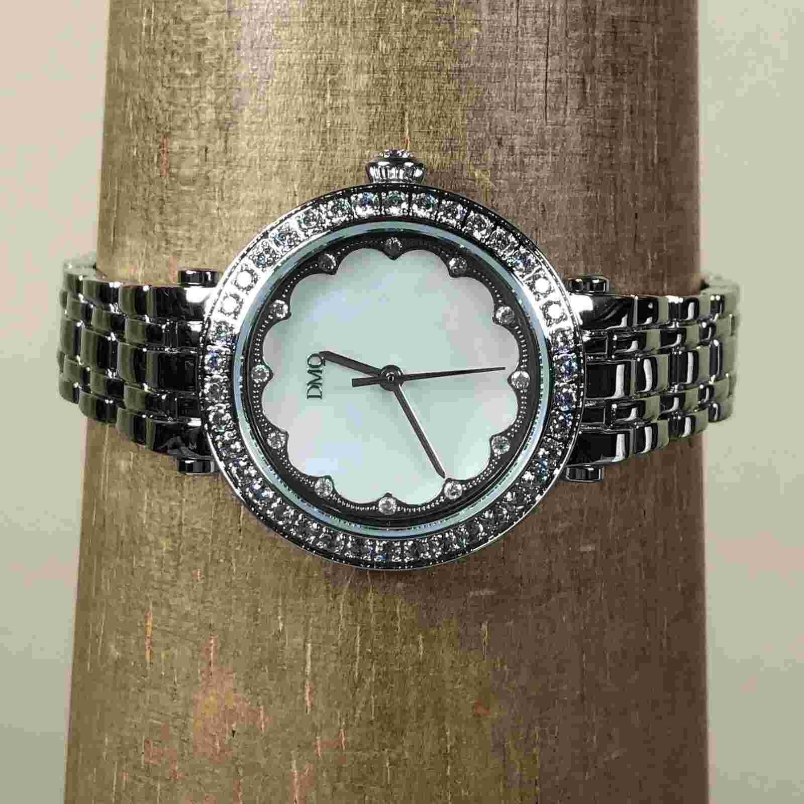 DMQ CZ Women 12334 Dress Pave Bezel Silver Tone 31mm Quartz Analog Watch 7 1/2"