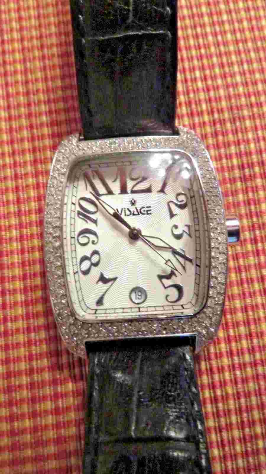 VISAGE Vintage Woman's Wristwatch, Large Case. Silver Tone, Black Leather Band.