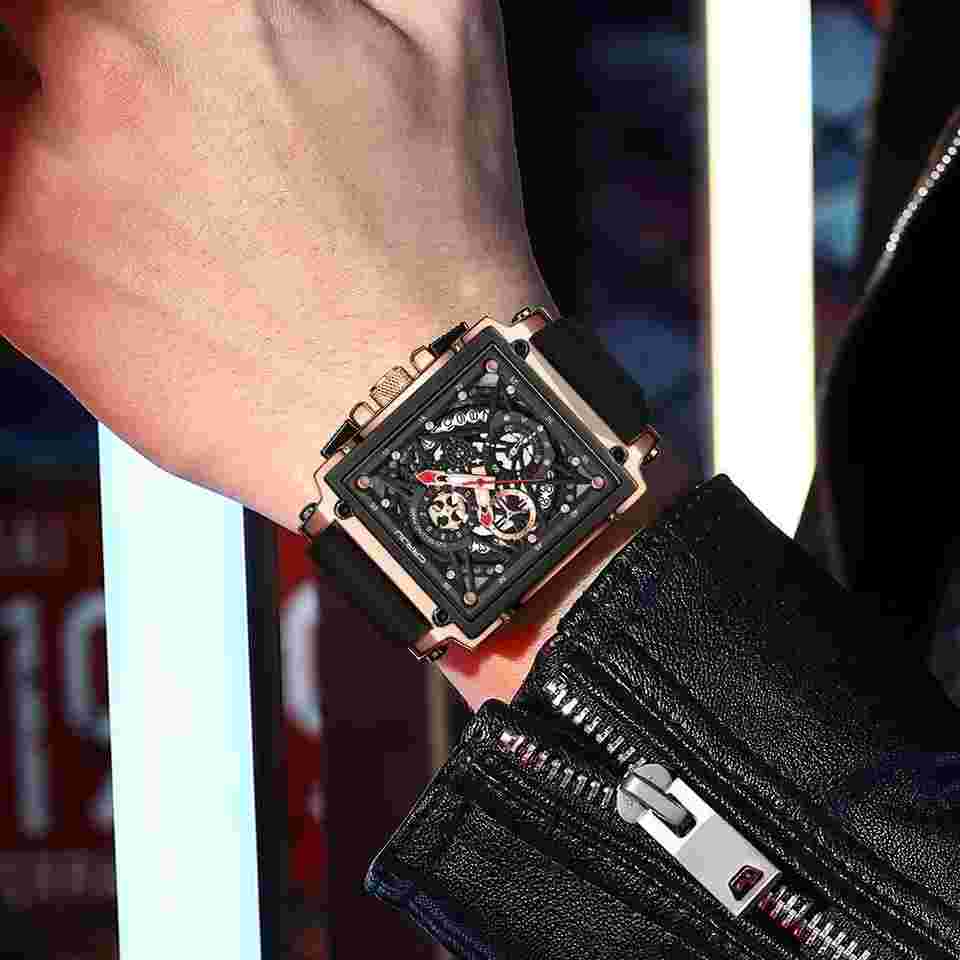 CRRJU Men Watch Brand Rectangle Quartz Wristwatch Slicone Strap Males Watches