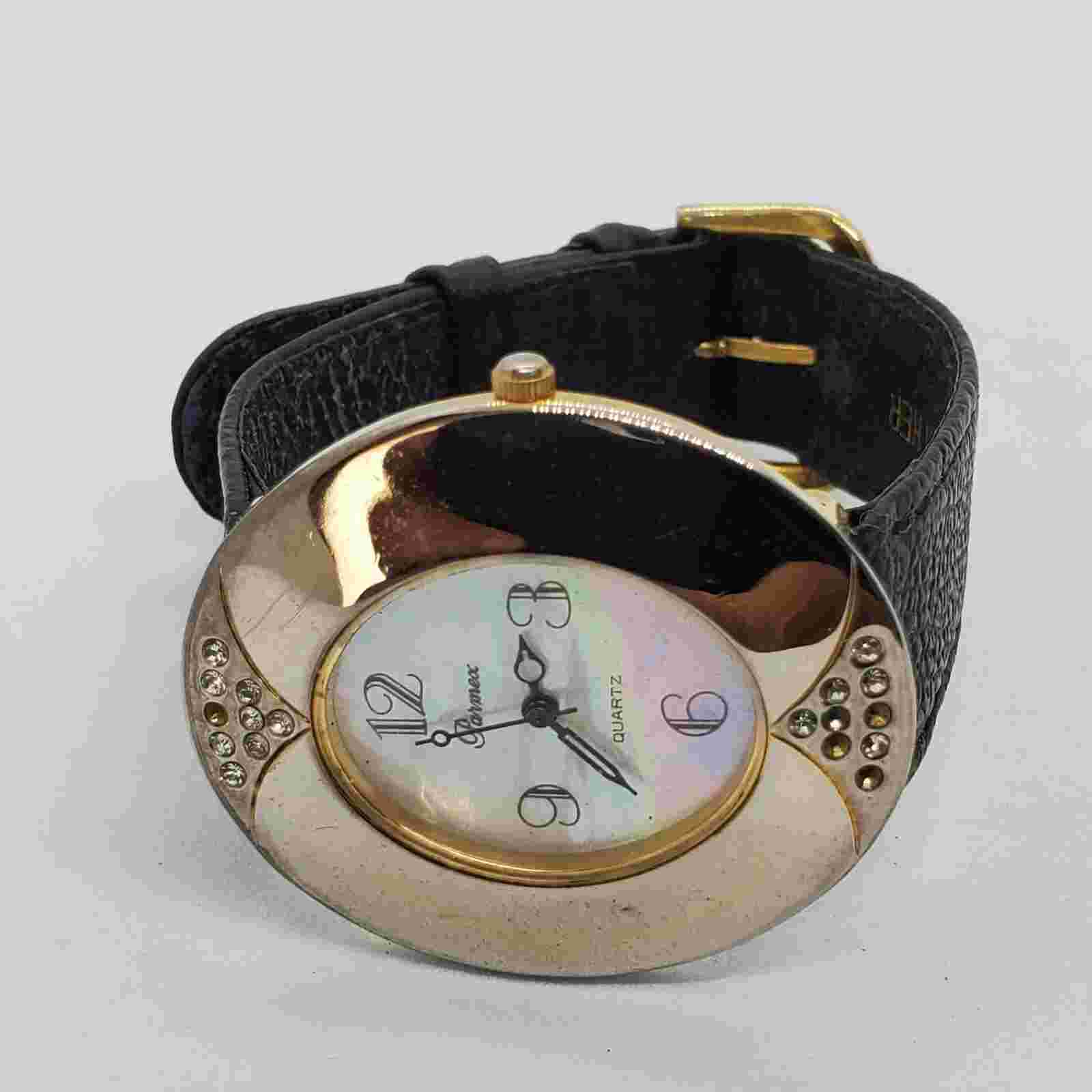 VTG Parmex Women Watch MOP Dial 36MM Silver Case Black Leather Bands New Battery
