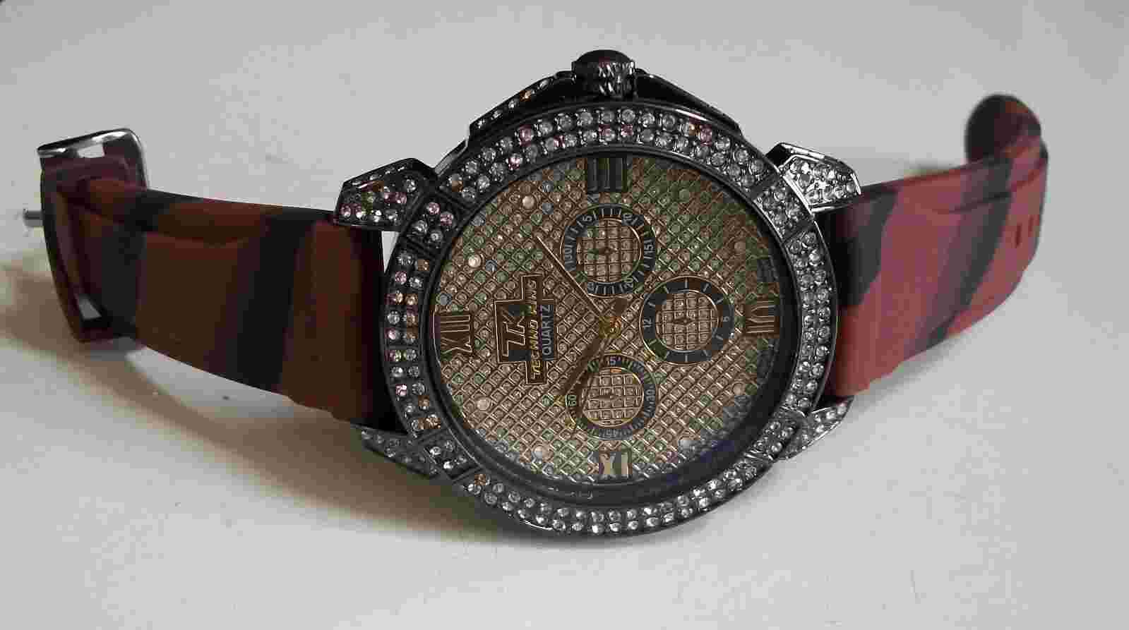 Men's Stones Hematite Finish Burgundy & Black Silicon Band Fashion Hip Hop Watch