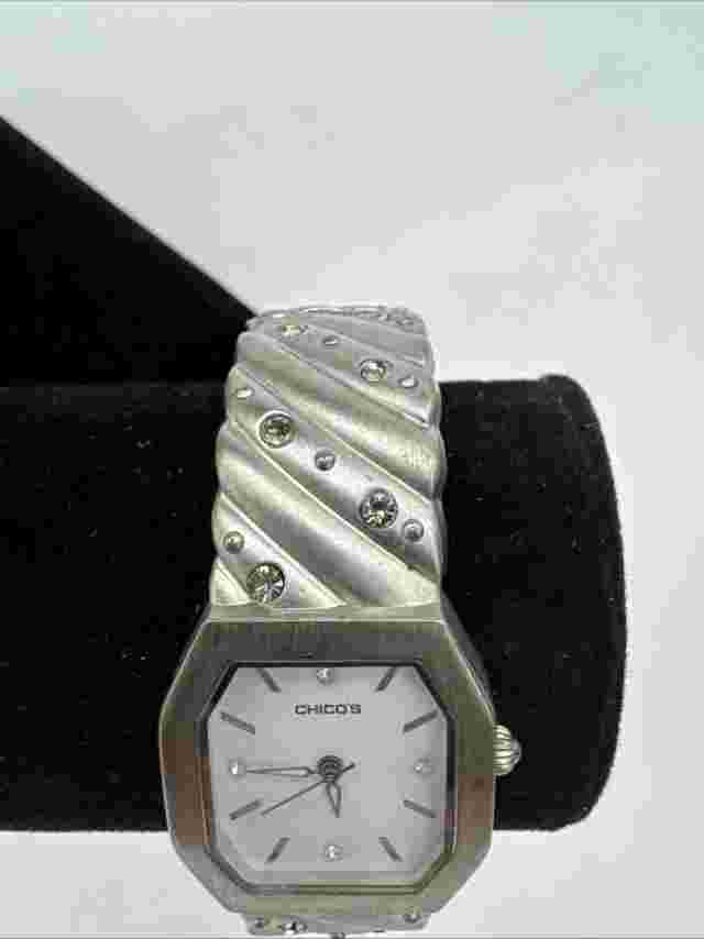 Chico's Silver Tone Rhinestone Hinged Cuff Watch New Battery