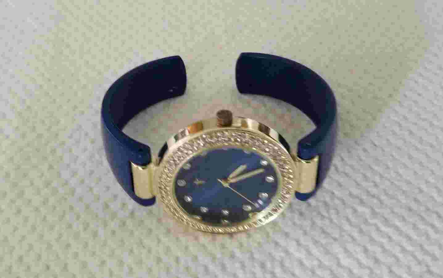 Cato Gold Tone Cuff Watch Crystal Bezel Blue Enamel Arms 6.5"-7.5" New Battery