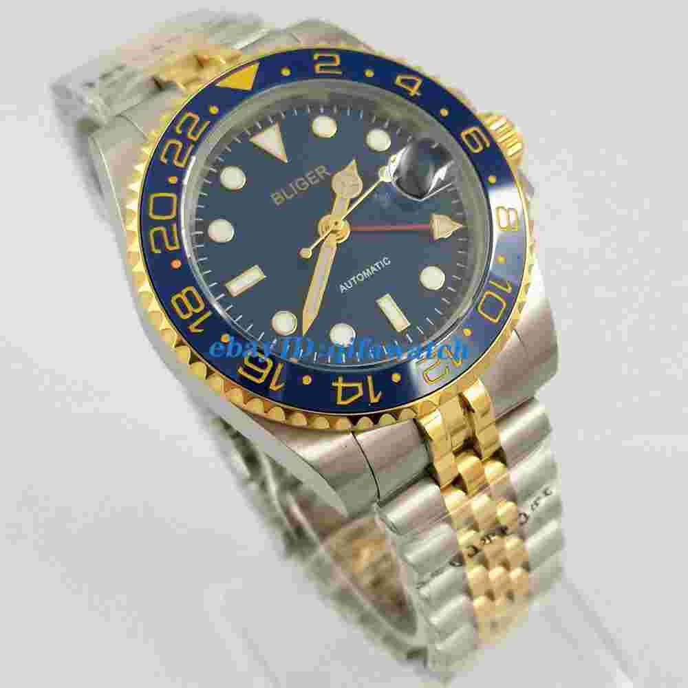 40mm Bliger blue dial GMT automatic mens watch sapphire crystal date gift watch