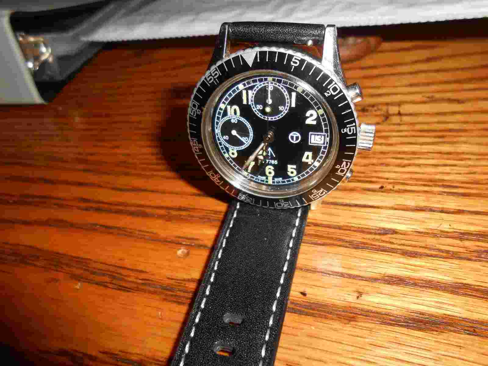 Nice 1980's OLLECH & WAJS MILITARY STYLE CHRONOGRAPH, VALJOUX 7765 BLACK DIAL