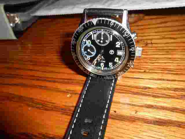 Nice 1980's OLLECH & WAJS MILITARY STYLE CHRONOGRAPH, VALJOUX 7765 BLACK DIAL