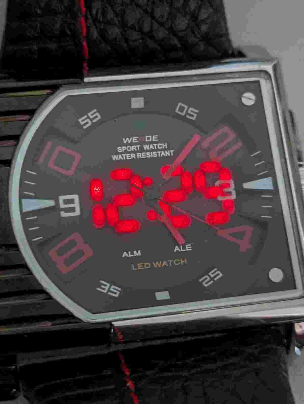 Weide Digital Analog LCD Analog Silver Tone Black Case Black Leather Band Watch