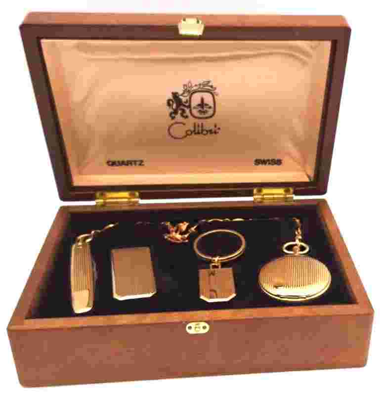Vintage Colibri Men's Swiss Quartz Pocket Watch Gift Set of 5 in Wood Box