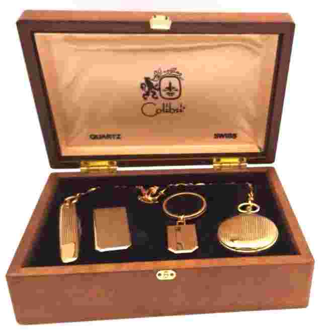 Vintage Colibri Men's Swiss Quartz Pocket Watch Gift Set of 5 in Wood Box
