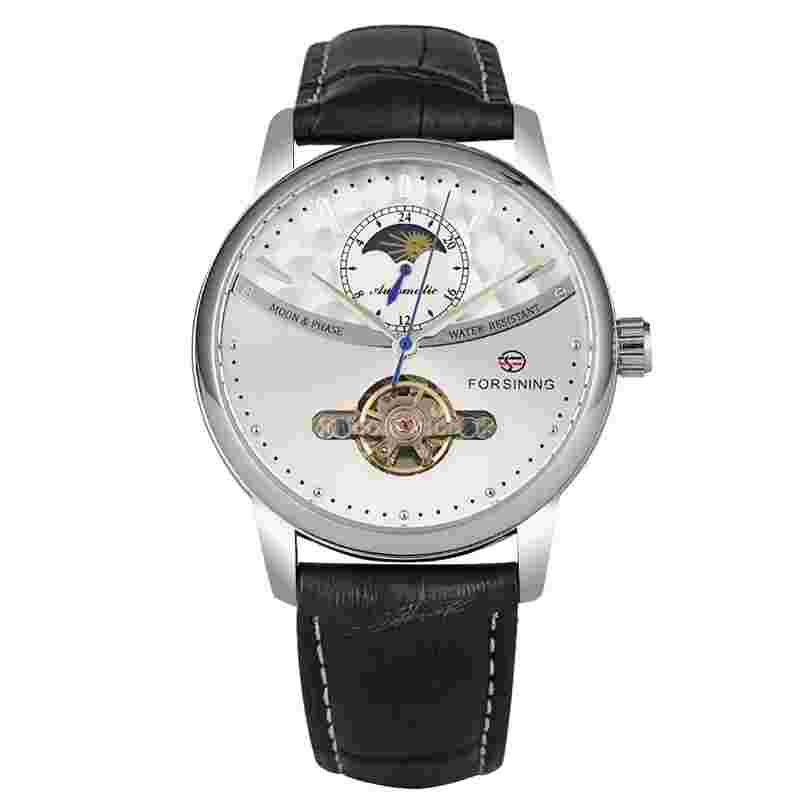 Forsining Mens Automatic Mechanical Watch Moon Phase Leather Strap Wrist Watches