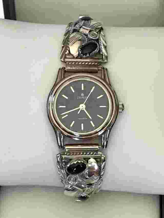 Ladies Signed S. Ray Jemis Navajo Sterling Silver Onyx Watch - Tested & Works