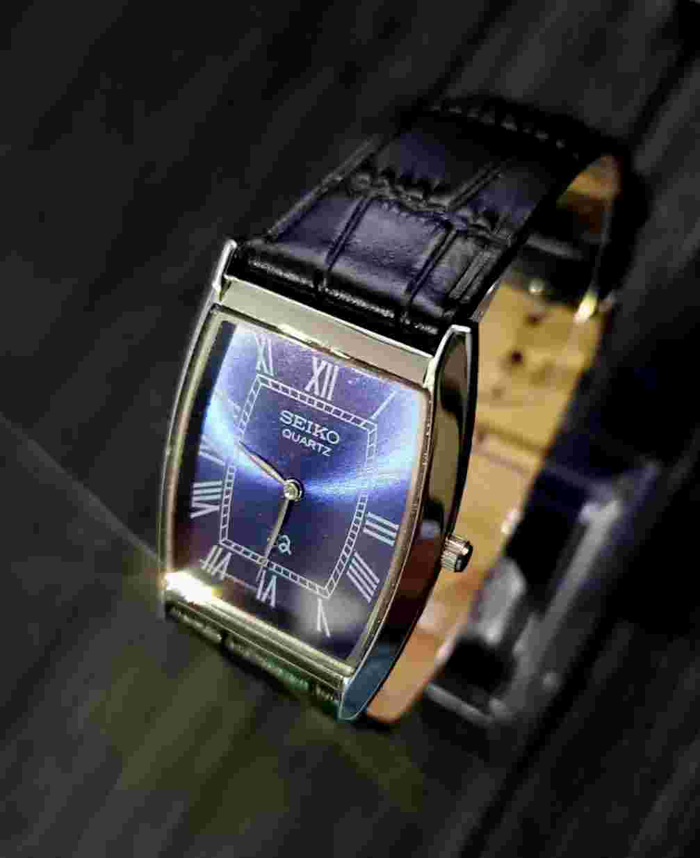 Nos Mens Tank Watch Barrel Blue Satin Roman Dial Black Leather New Mvt & Batt*