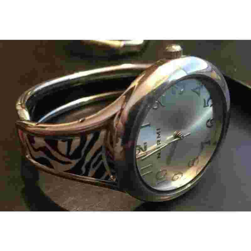 Womens Narmi Bangle Bracelet Watch, Silver Tone with Zebra Print Insets