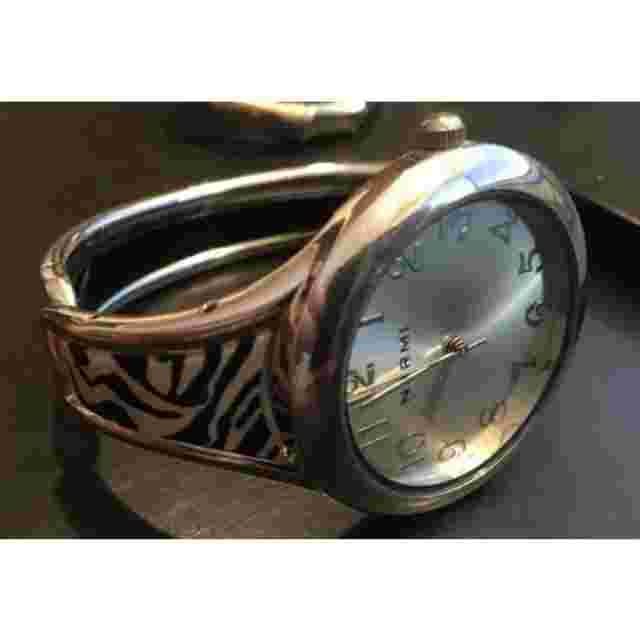 Womens Narmi Bangle Bracelet Watch, Silver Tone with Zebra Print Insets
