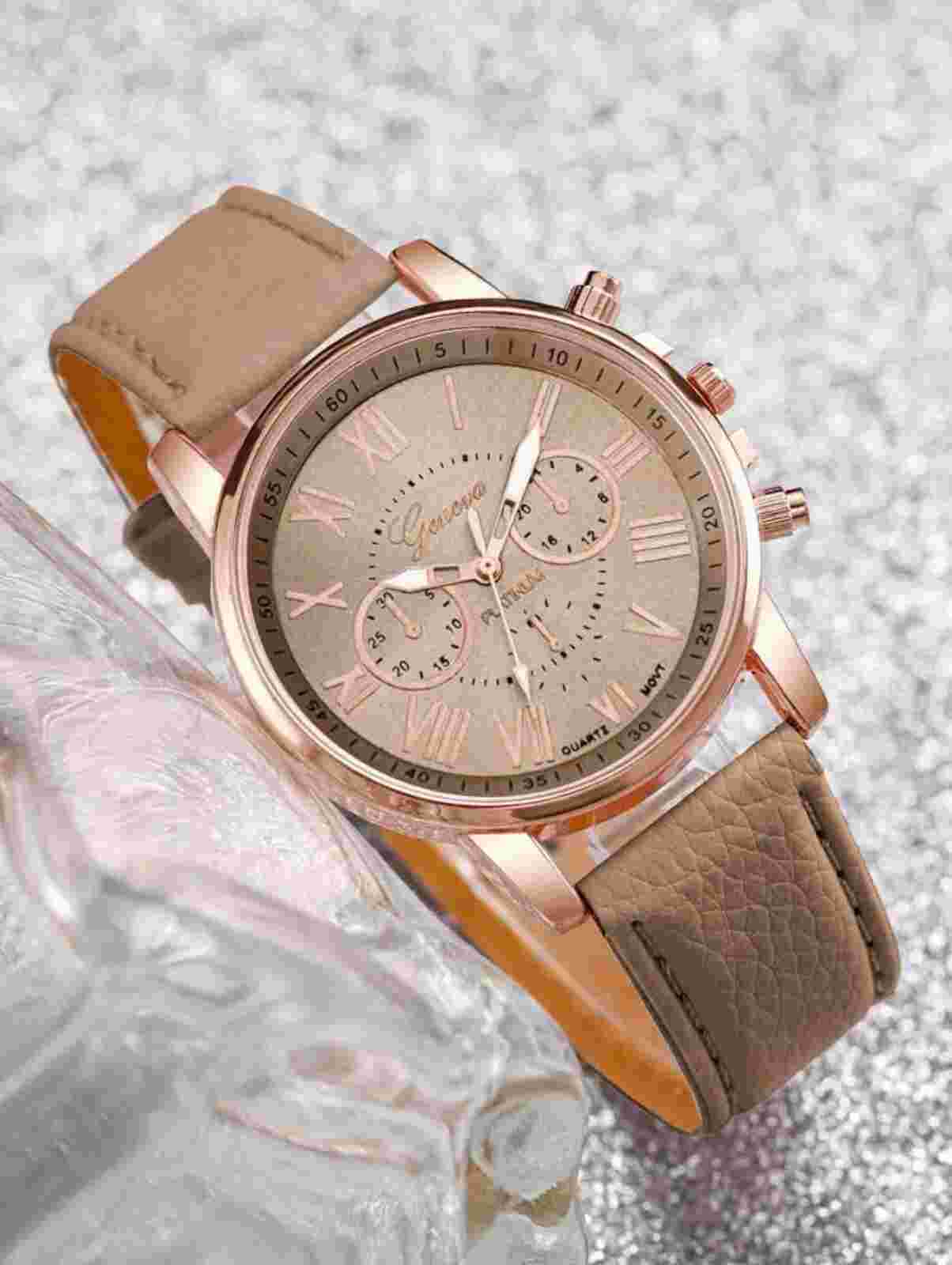 Genova Steel Brown Dial And Leather Brown Strap Ladies Quartz Watch