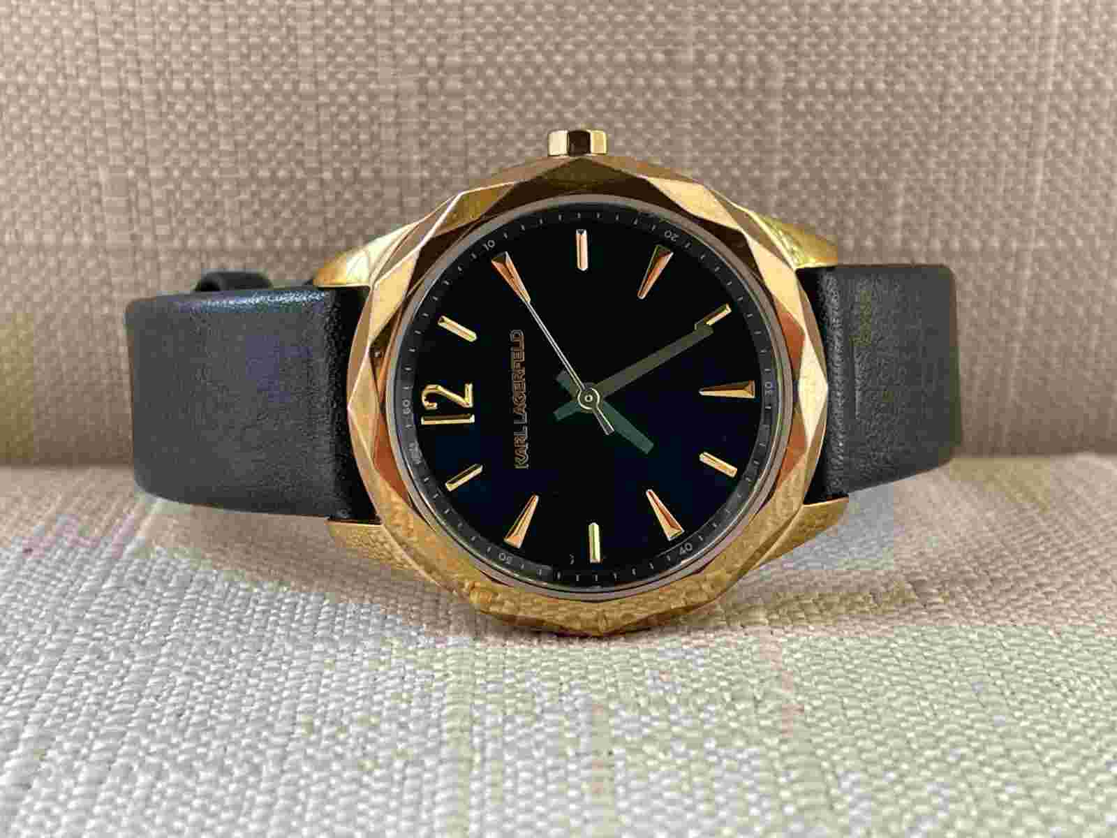 Karl Lagerfeld Women Wristwatch Gold Tone Case Black Face Black Leather Band