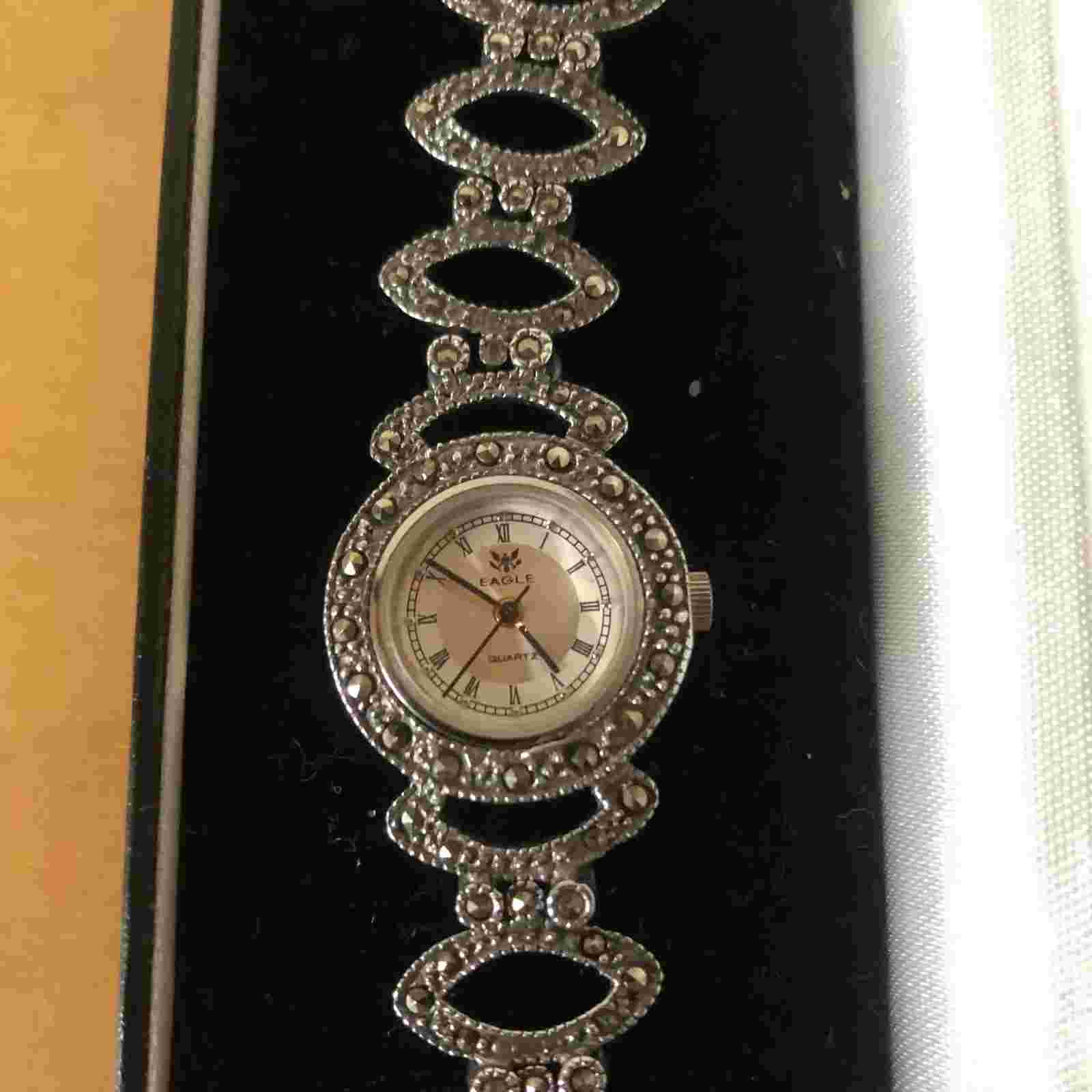 Ladies Marcasite And 925 Silver Swiss Eagle Quartz Wristwatch