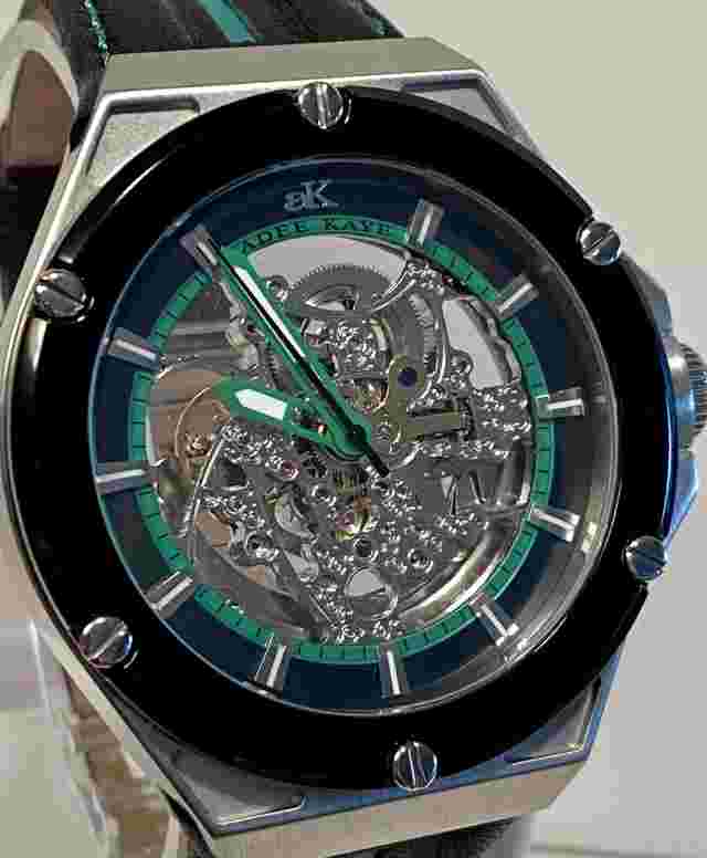 50mm Green Skeleton Silvertone Automatic Black Strap ADEE KAYE Dress Watches
