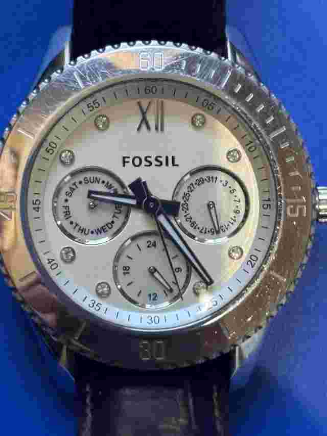 Fossil Stella GMT White Dial Stainless Steel Brown Leather ES-3103 Women's
