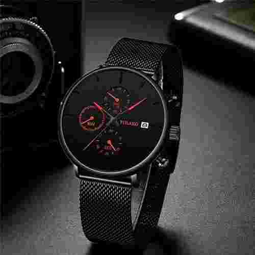 Fashion Three Eyes Six Hands Calendar Watch Stainless Steel Mesh Belt Quartz Spo