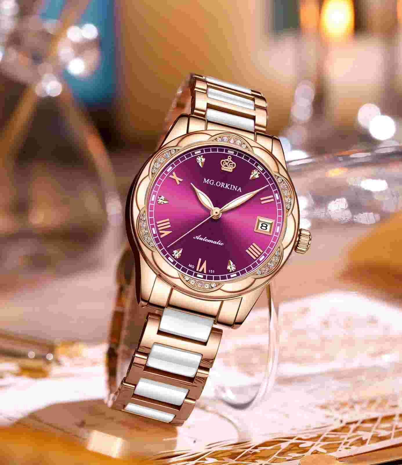 New Women Mechanical Automatic Skeleton Crystal Petal Shape Ceramic Wristwatches