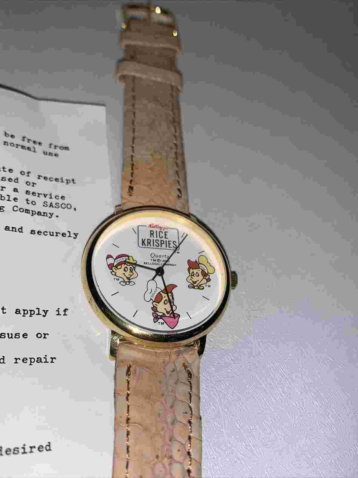 1990 KELLOGG’S RICE KRISPIES QUARTZ WRIST WATCH LEATHER BAND UNUSED UNTESTED
