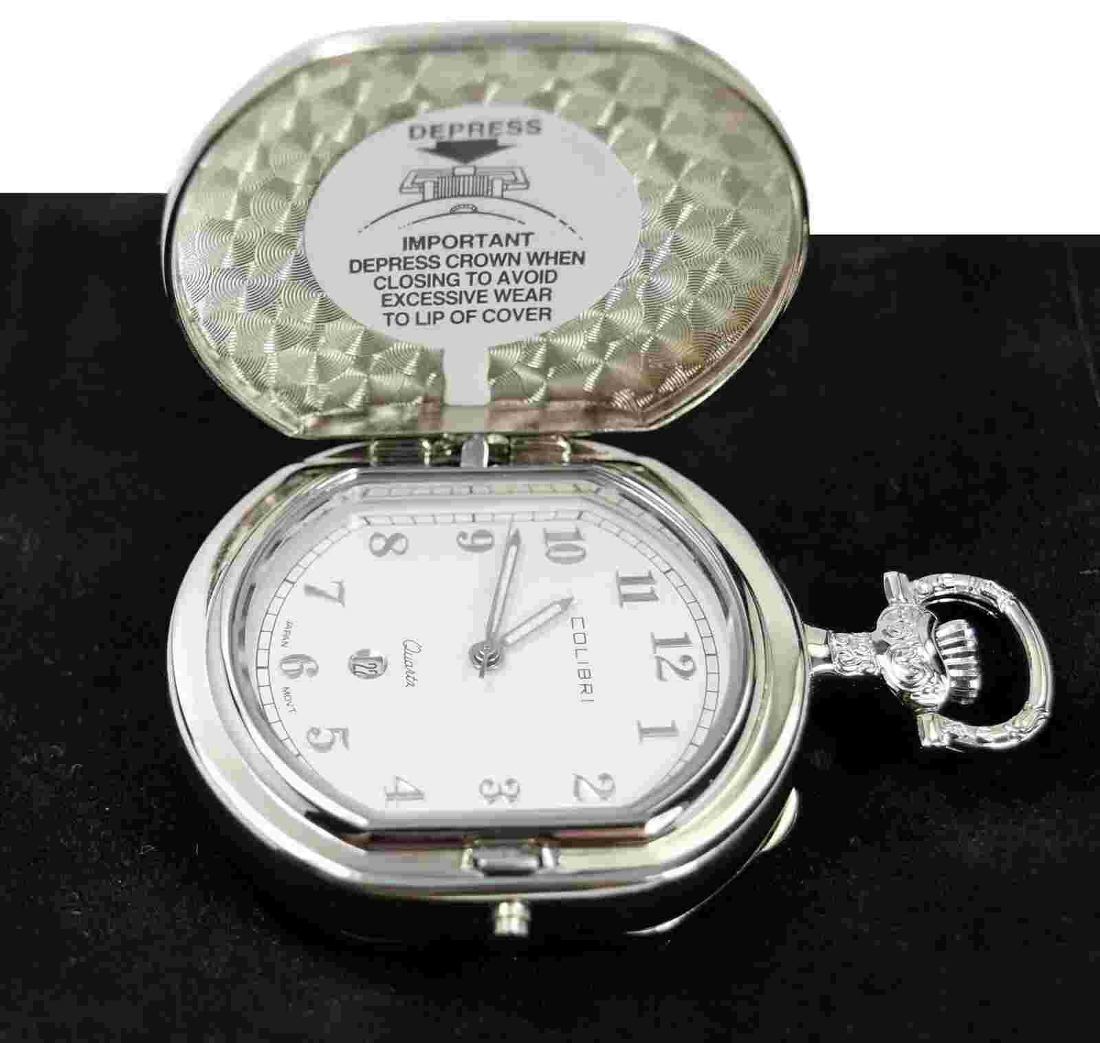 NEW Colibri Polished Stainless Steel Quartz Pocket Watch with Date