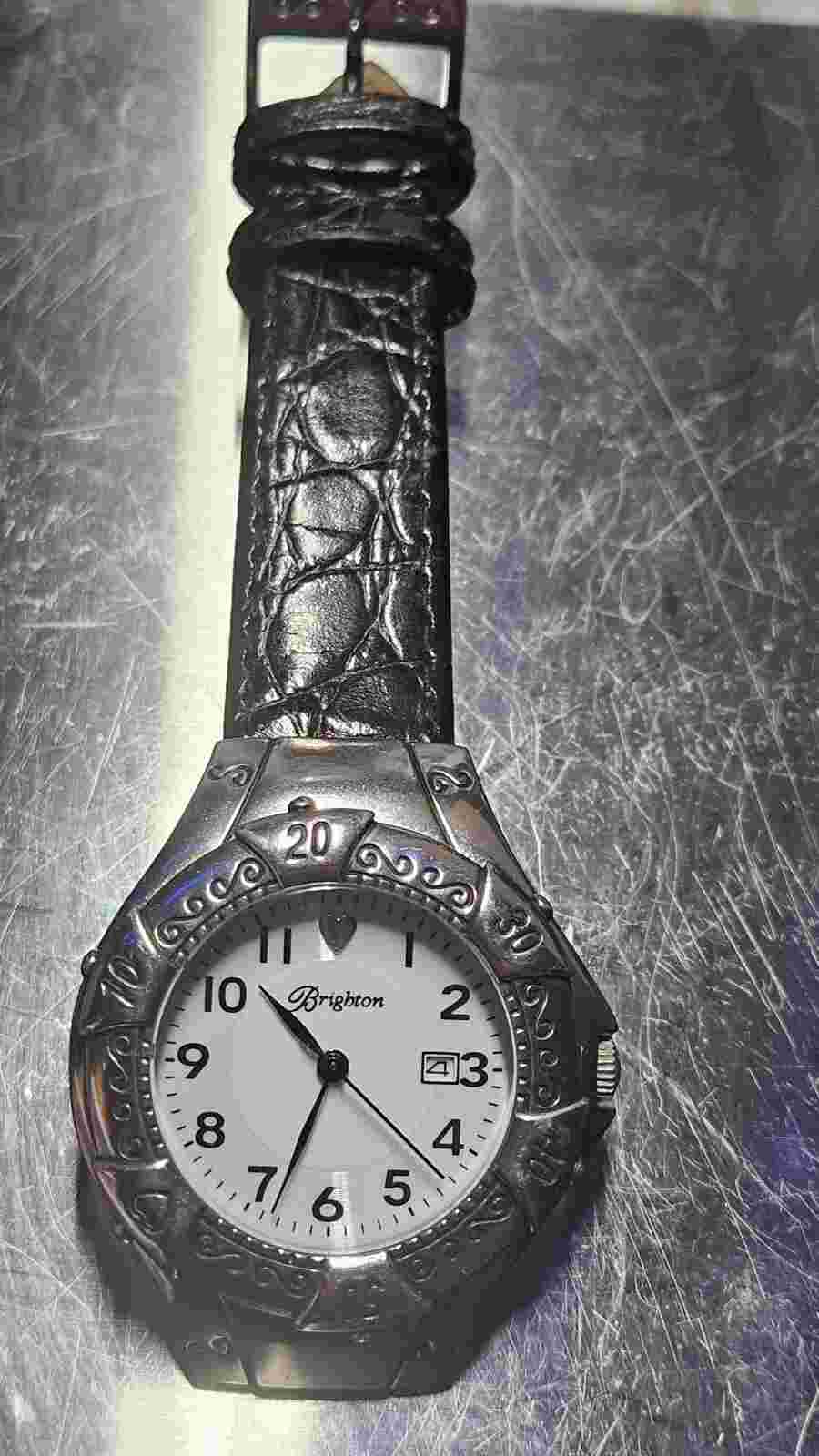 Brighton Lincoln Watch Black Leather Silver  Comes With New Battery