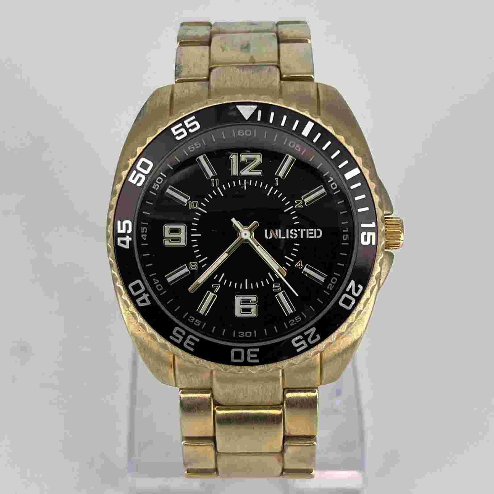 Unlisted Men's Watch Gold & Black Tone Dial Gold Tone Band NEW BATTERY RUNS!